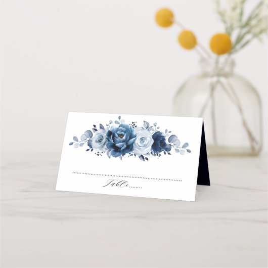 Dusty Blue Slate Navy Floral Botanical Wedding Plaatskaartje (Voorkant)