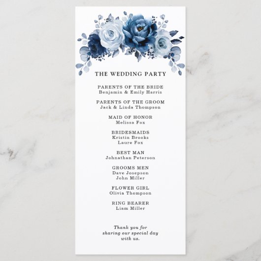 Dusty Blue Slate Navy Floral Botanical Wedding Programmakaart (Achterkant)