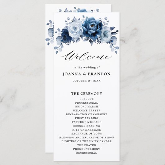 Dusty Blue Slate Navy Floral Botanical Wedding Programmakaart (Voorkant / Achterkant)