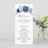 Dusty Blue Slate Navy Floral Botanical Wedding Programmakaart (Staand voorkant)