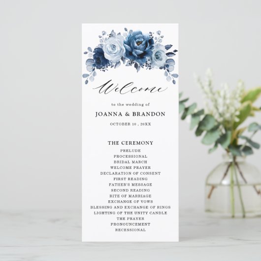 Dusty Blue Slate Navy Floral Botanical Wedding Programmakaart (Staand voorkant)