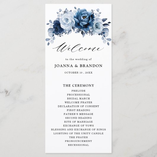 Dusty Blue Slate Navy Floral Botanical Wedding Programmakaart (Voorkant)