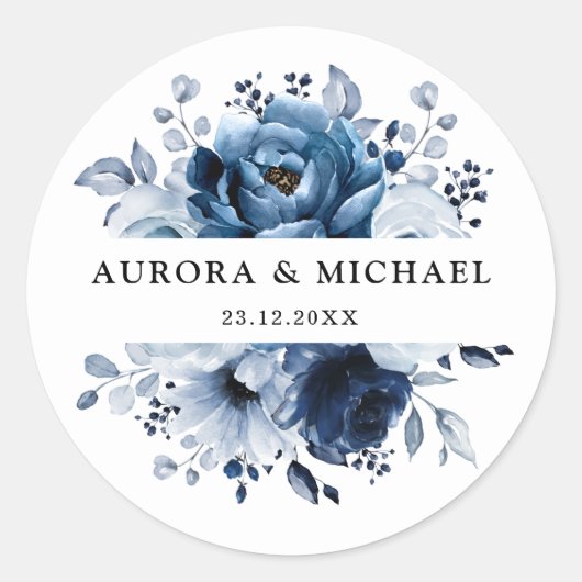 Dusty Blue Slate Navy Floral Botanical Wedding Ronde Sticker (Voorkant)