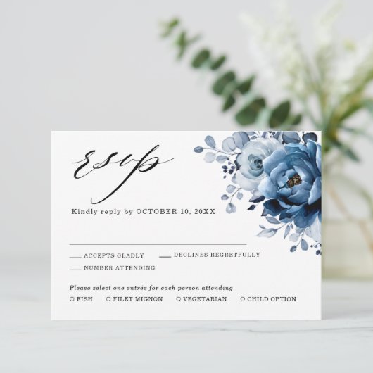 Dusty Blue Slate Navy Floral Botanical Wedding RSV RSVP Kaartje (Staand voorkant)