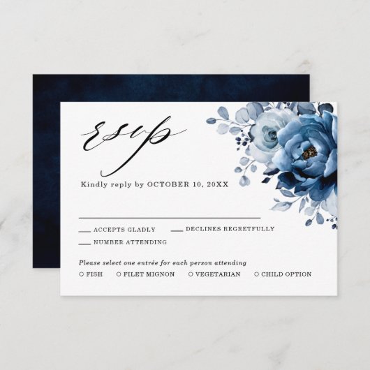 Dusty Blue Slate Navy Floral Botanical Wedding RSV RSVP Kaartje (Voorkant / Achterkant)