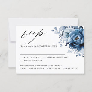 Dusty Blue Slate Navy Floral Botanical Wedding RSV RSVP Kaartje