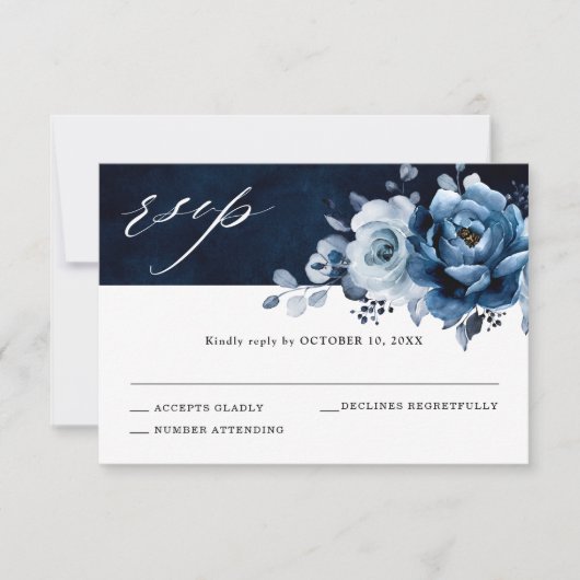 Dusty Blue Slate Navy Floral Botanical Wedding RSV RSVP Kaartje (Voorkant)
