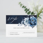 Dusty Blue Slate Navy Floral Botanical Wedding RSV RSVP Kaartje (Staand voorkant)