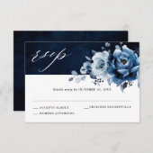 Dusty Blue Slate Navy Floral Botanical Wedding RSV RSVP Kaartje (Voorkant / Achterkant)
