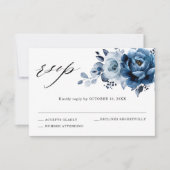 Dusty Blue Slate Navy Floral Botanical Wedding RSVP Kaartje (Voorkant)