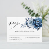 Dusty Blue Slate Navy Floral Botanical Wedding RSVP Kaartje (Staand voorkant)