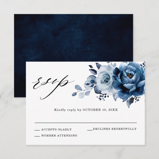 Dusty Blue Slate Navy Floral Botanical Wedding RSVP Kaartje (Voorkant / Achterkant)