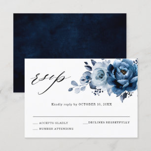 Dusty Blue Slate Navy Floral Botanical Wedding RSVP Kaartje