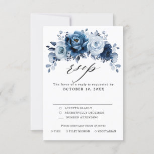 Dusty Blue Slate Navy Floral Botanical Wedding RSVP Kaartje