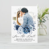 Dusty Blue Slate Navy Floral Botanical Wedding Save The Date (Staand voorkant)