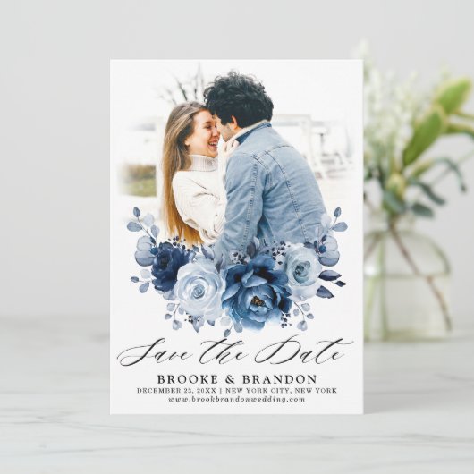 Dusty Blue Slate Navy Floral Botanical Wedding Save The Date (Staand voorkant)