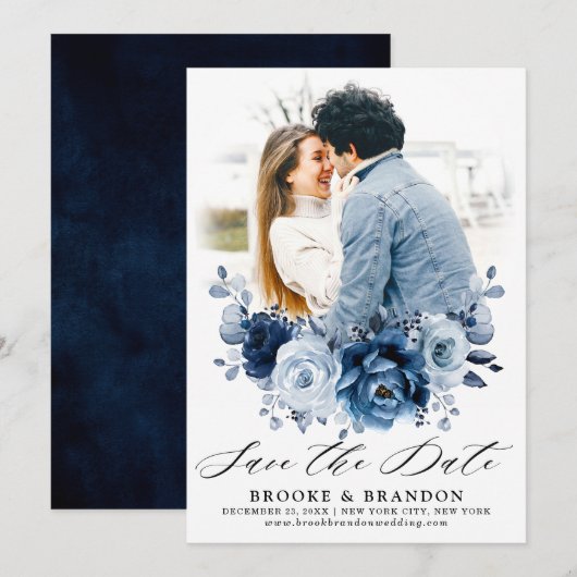Dusty Blue Slate Navy Floral Botanical Wedding Save The Date (Voorkant / Achterkant)