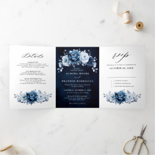 Dusty Blue Slate Navy Floral Botanical Wedding Tri Drieluik Aankondiging