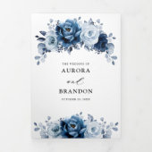Dusty Blue Slate Navy Floral Botanical Wedding Tri Drieluik Aankondiging (Cover)