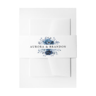 Dusty Blue Slate Navy Floral Botanical Wedding Uitnodigingen Wikkel