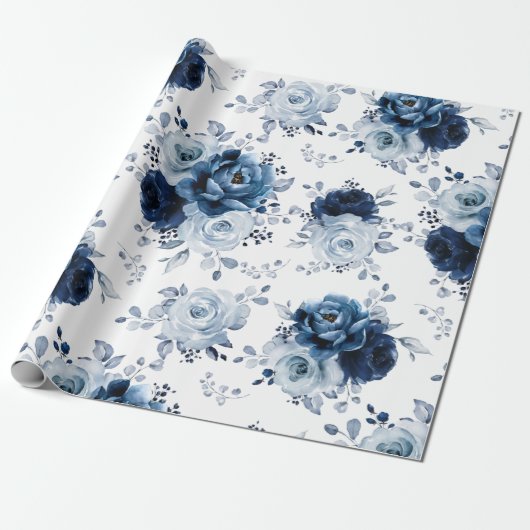 Dusty Blue Slate Navy Floral Botanical Wedding Wra Cadeaupapier (Uitgerold)