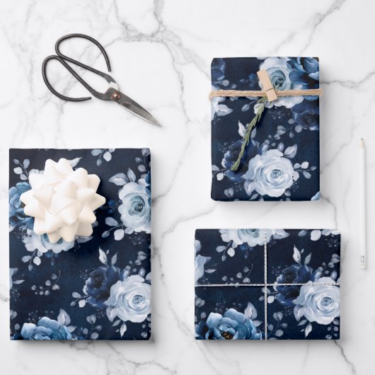 Dusty Blue Slate Navy Floral Botanical Wedding Wra Inpakpapier Vel (Voorkant)