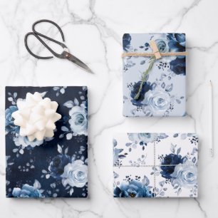Dusty Blue Slate Navy Floral Botanical Wedding Wra Inpakpapier Vel