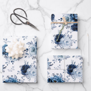 Dusty Blue Slate Navy Floral Botanical Wedding Wra Inpakpapier Vel