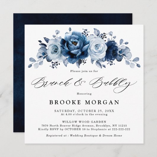 Dusty Blue Slate Navy Floral Brunch en Bubble Kaart (Voorkant / Achterkant)