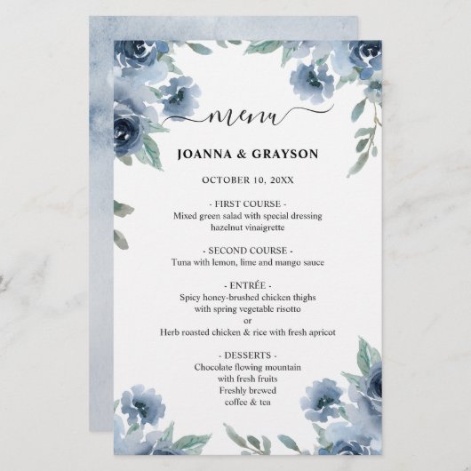 Dusty Blue Slate Navy Floral Wedding Menu (Voorkant / Achterkant)