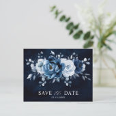 Dusty Blue Slate Navy Floral Wedding Save the Date Briefkaart (Staand voorkant)