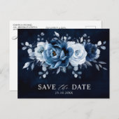 Dusty Blue Slate Navy Floral Wedding Save the Date Briefkaart (Voorkant / Achterkant)