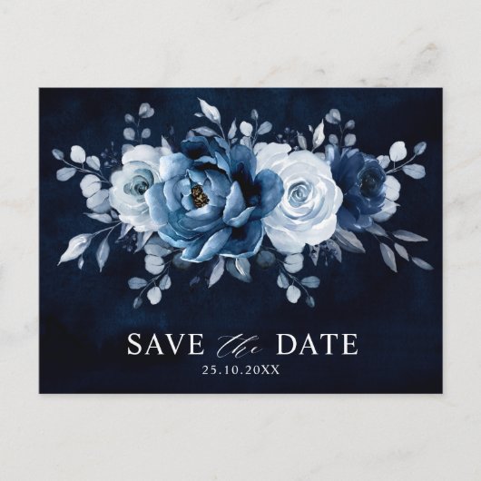 Dusty Blue Slate Navy Floral Wedding Save the Date Briefkaart (Voorkant)