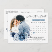 Dusty Blue Slate Navy Floral Wedding Save the Date Briefkaart (Voorkant / Achterkant)