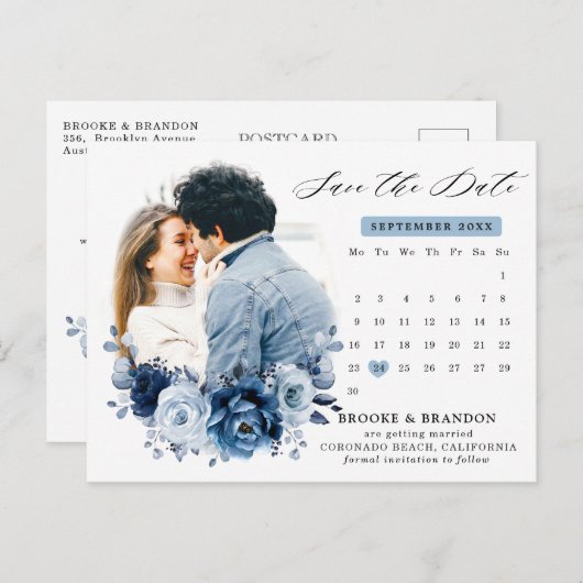 Dusty Blue Slate Navy Floral Wedding Save the Date Briefkaart (Voorkant / Achterkant)
