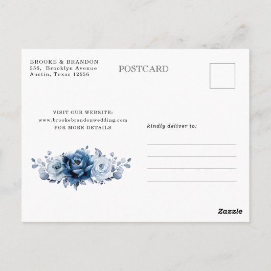 Dusty Blue Slate Navy Floral Wedding Save the Date Briefkaart (Achterkant)