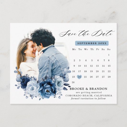 Dusty Blue Slate Navy Floral Wedding Save the Date Briefkaart (Voorkant)