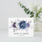 Dusty Blue Slate Navy Floral Wedding Save the Date Briefkaart (Staand voorkant)