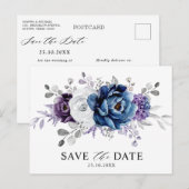 Dusty Blue Slate Navy Floral Wedding Save the Date Briefkaart (Voorkant / Achterkant)