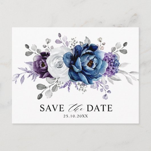 Dusty Blue Slate Navy Floral Wedding Save the Date Briefkaart (Voorkant)