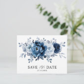 Dusty Blue Slate Navy Floral Wedding Save the Date Briefkaart (Staand voorkant)