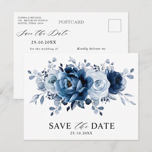 Dusty Blue Slate Navy Floral Wedding Save the Date Briefkaart (Voorkant / Achterkant)