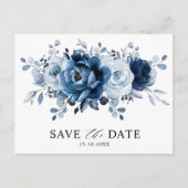 Dusty Blue Slate Navy Floral Wedding Save the Date Briefkaart (Voorkant)