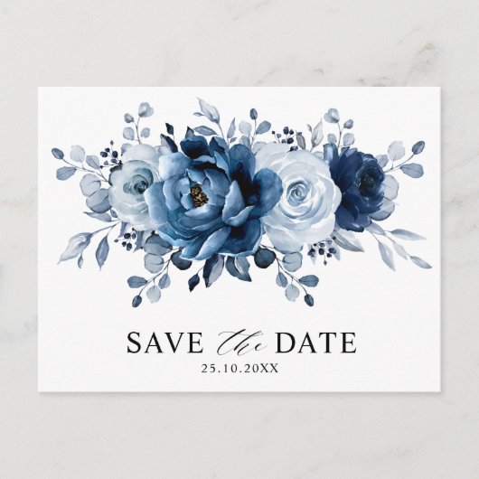 Dusty Blue Slate Navy Floral Wedding Save the Date Briefkaart (Voorkant)