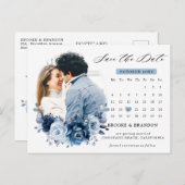 Dusty Blue Slate Navy Floral Wedding Save the Date Briefkaart (Voorkant / Achterkant)