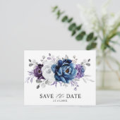 Dusty Blue Slate Navy Floral Wedding Save the Date Briefkaart (Staand voorkant)