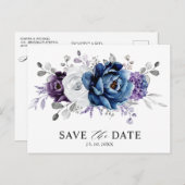 Dusty Blue Slate Navy Floral Wedding Save the Date Briefkaart (Voorkant / Achterkant)