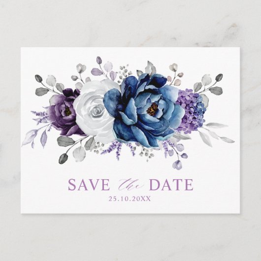 Dusty Blue Slate Navy Floral Wedding Save the Date Briefkaart (Voorkant)