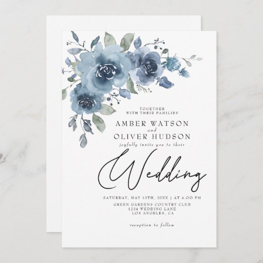 Dusty Blue Slate Pastel Light Floral Boho Wedding Kaart (Voorkant / Achterkant)
