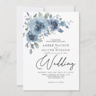 Dusty Blue Slate Pastel Light Floral Boho Wedding Kaart